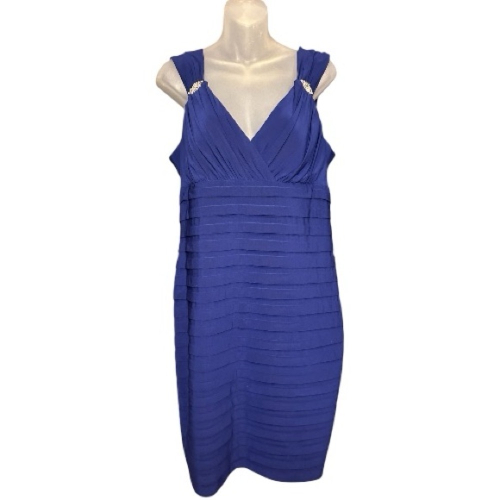 Scarlett Nite Pleated Midi Dress Women’s Size 16 Navy Rhinestone Accent Straps